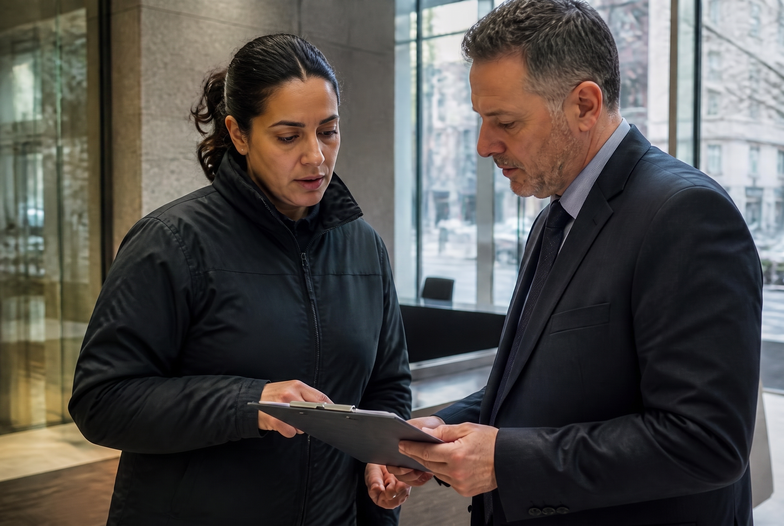 Responsable de site BPK SECURITY passant en revue les consignes de sécurité avec le responsable des lieux